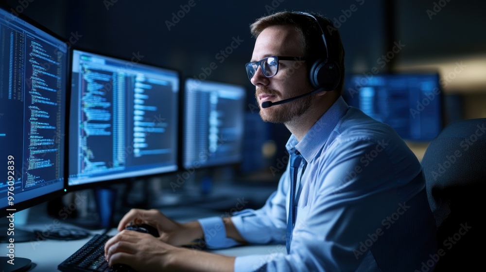 Poster an it professional intently analyzes data on multiple monitors in a dark office environment. the dim