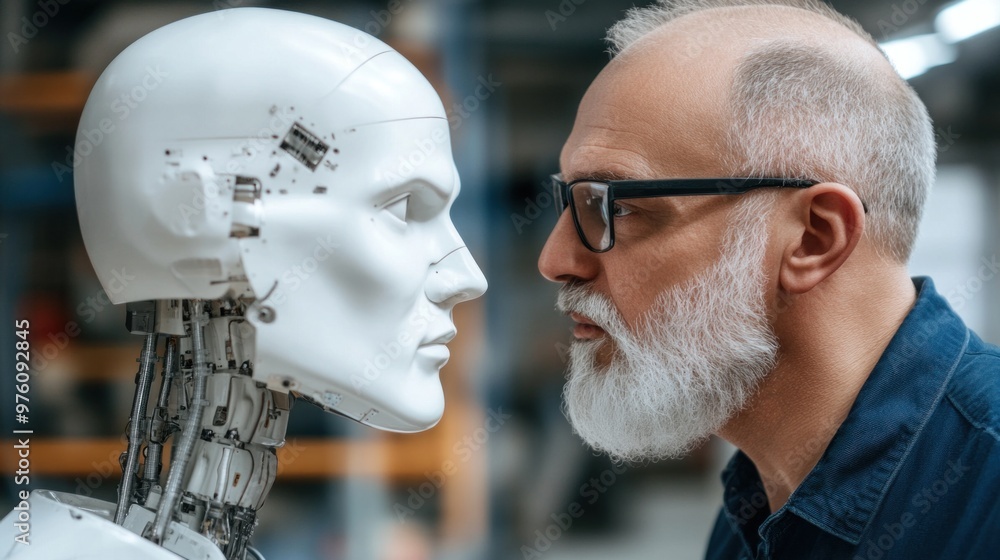 Poster a man with a beard and glasses gazes intently at a humanoid robot in a bustling workshop, highlighti