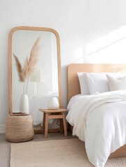 Bohemian Chic Bedroom Interior with Wicker Mirror, featuring a large wooden framed mirror, a plush bed with white linens, and a  wicker basket, wooden side table, and pampas grass.