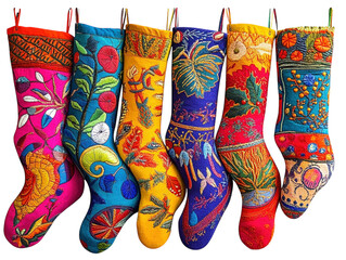 A collection of six colorful Christmas stockings, each with unique festive designs, isolated on white background. PNG transparent.