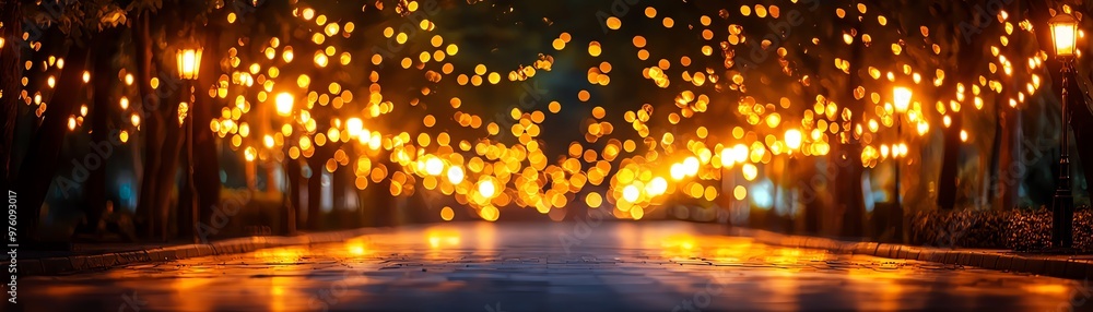 Poster a tranquil evening scene showcasing a pathway lined with glowing lights, creating a magical and invi