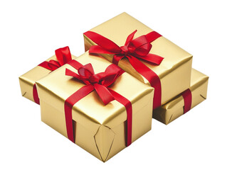 Fototapeta premium Three gold gift boxes with red ribbons stacked, festive and luxurious, isolated on white. PNG transparent.
