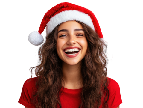Happy woman in red Santa hat and shirt celebrating, isolated on white background. PNG transparent.