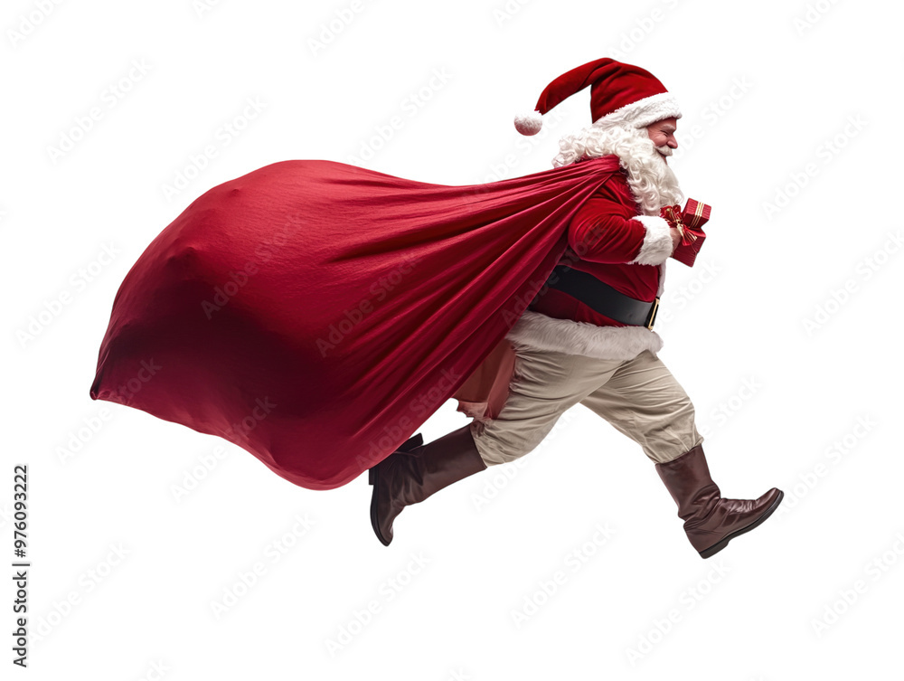 Wall mural Santa Claus running while pulling a large red sack filled with presents, dynamic and festive scene on a white background. PNG transparent.