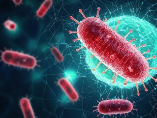 Obraz premium Bacteria blueprint with technical notations and layers of bio-data, bacterior blueprint, futuristic scientific research