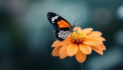 Fototapeta premium A vibrant butterfly rests delicately on a bright orange flower, showcasing nature's beauty and harmony in a serene environment.