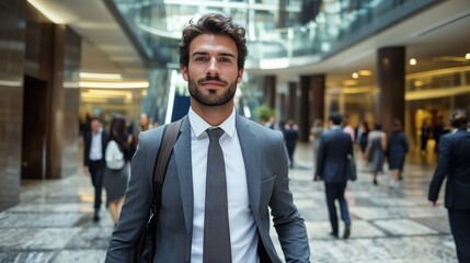 Fototapeta premium A well-dressed man in a sleek suit is walking confidently through a busy corporate building filled with professionals. The modern architecture enhances the vibrant atmosphere of the day