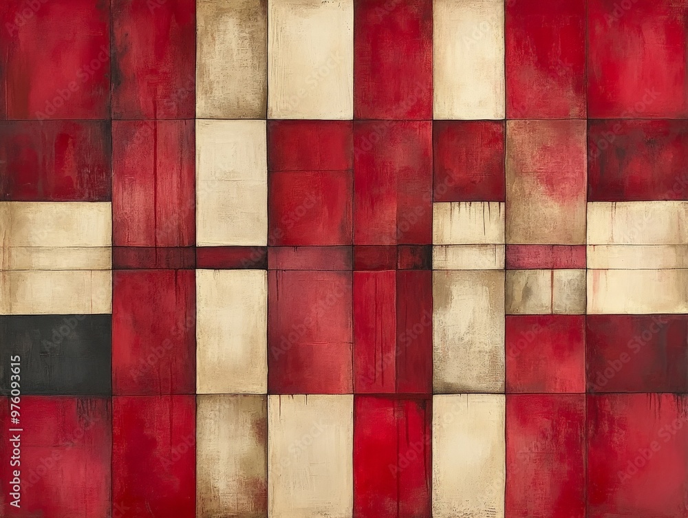 Poster a modern geometric abstract featuring red and beige squares arranged in a visually striking grid pat