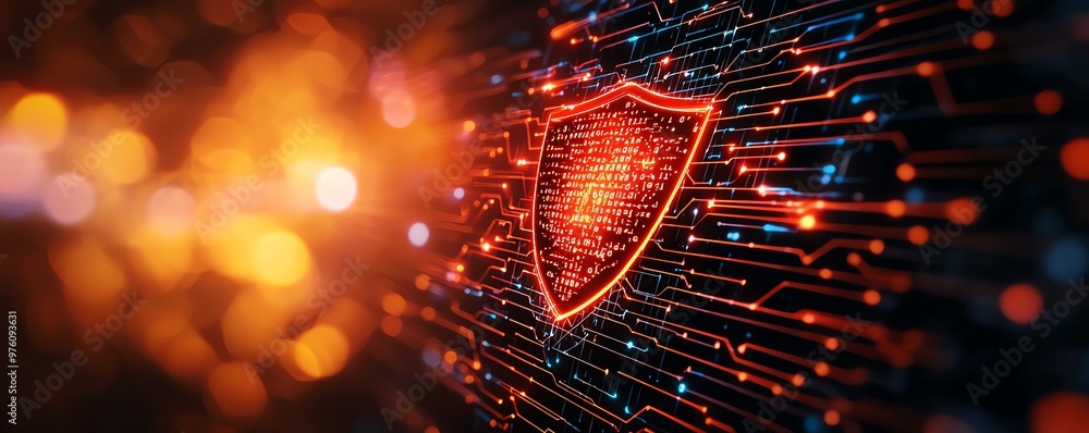 Aufkleber a vibrant digital shield symbol representing cybersecurity amidst glowing circuits and abstract desi