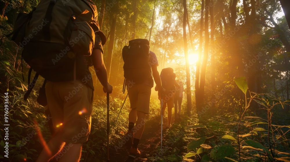 Poster a group of hikers traverses a rugged forest path, illuminated by the golden light of sunset as it fi