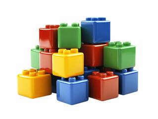 Colorful toy building blocks stacked together, isolated on white. PNG transparent.