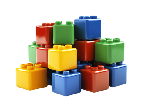 Colorful toy building blocks stacked together, isolated on white.  PNG transparent.