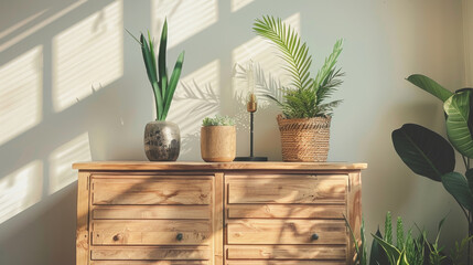 A beautifully arranged wooden cabinet showcases various plants, creating serene and inviting atmosphere. natural light casts gentle shadows, enhancing peaceful vibe