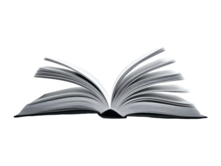 Open blank book with white pages, laying flat and isolated on a light surface.  PNG transparent.