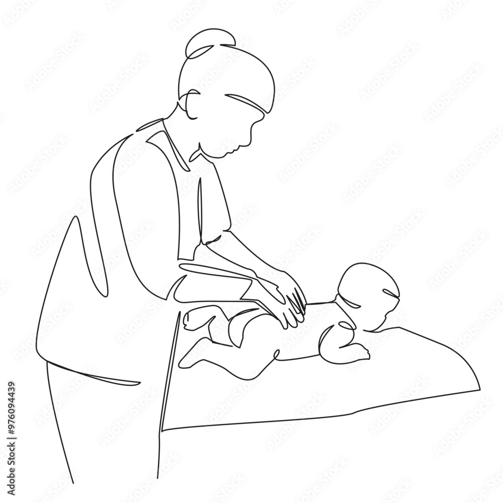 Wall mural One continuous single drawing line art flat doodle  hand, person, baby, care, child, doctor, massaging, physical therapy, massage, horizontal. Isolated image hand draw contour on a white background
