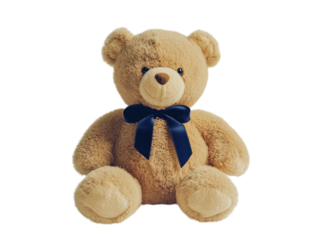 Soft brown teddy bear with a ribbon around its neck, sitting on a white background.  PNG transparent.