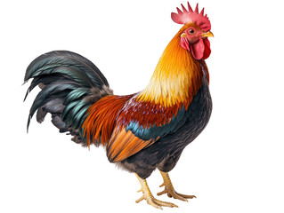 Fototapeta premium Colorful rooster standing tall with its vibrant plumage, isolated on white. PNG transparent.