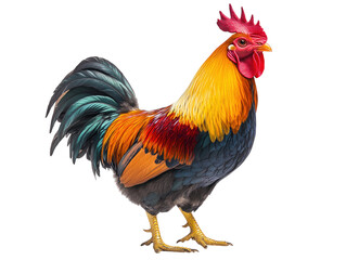 Colorful rooster standing tall with its vibrant plumage, isolated on white.  PNG transparent.