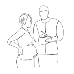 One continuous single drawing line art flat doodle  person, doctor, indoor, pregnant, woman, female, adult,  hospital, medicine. Isolated image hand draw contour on a white background