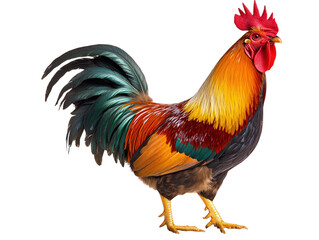 Colorful rooster standing tall with its vibrant plumage, isolated on white.  PNG transparent.