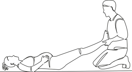 One continuous single drawing line art flat doodle horizontal, women, pregnant, adults, exercises, foot massage, osteopath. Isolated image hand draw contour on a white background
