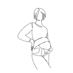 One continuous single drawing line art flat doodle  mother, pain, support, bandage, corset, belt, care, pregnant, woman, abdomen. Isolated image hand draw contour on a white background
