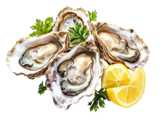 Fresh oysters with lemon wedge and parsley, isolated on white background.  PNG transparent.