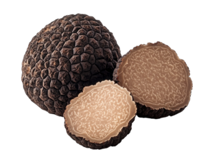 Black truffle with slices, isolated on white background.  PNG transparent.