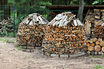 Rural life. Firewood, prepared for the winter, is neatly stacked in piles
