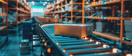 Fototapeta premium A busy warehouse scene with packages moving on a conveyor belt, highlighting efficiency in logistics and distribution operations.