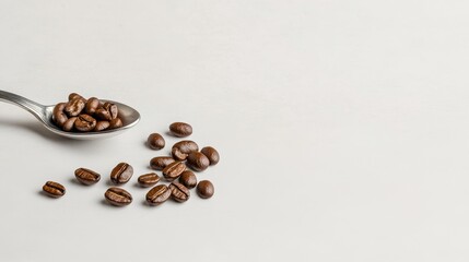 Naklejka premium Coffee Beans Spilling from a Spoon, a simple and elegant image representing the essence of coffee. The beans, the spoon, and the white background create a sense of purity and freshness.