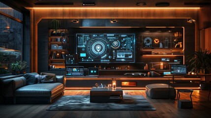 Fototapeta premium A modern home interior with smart technology, featuring an interactive holographic display showing various household appliances and icons