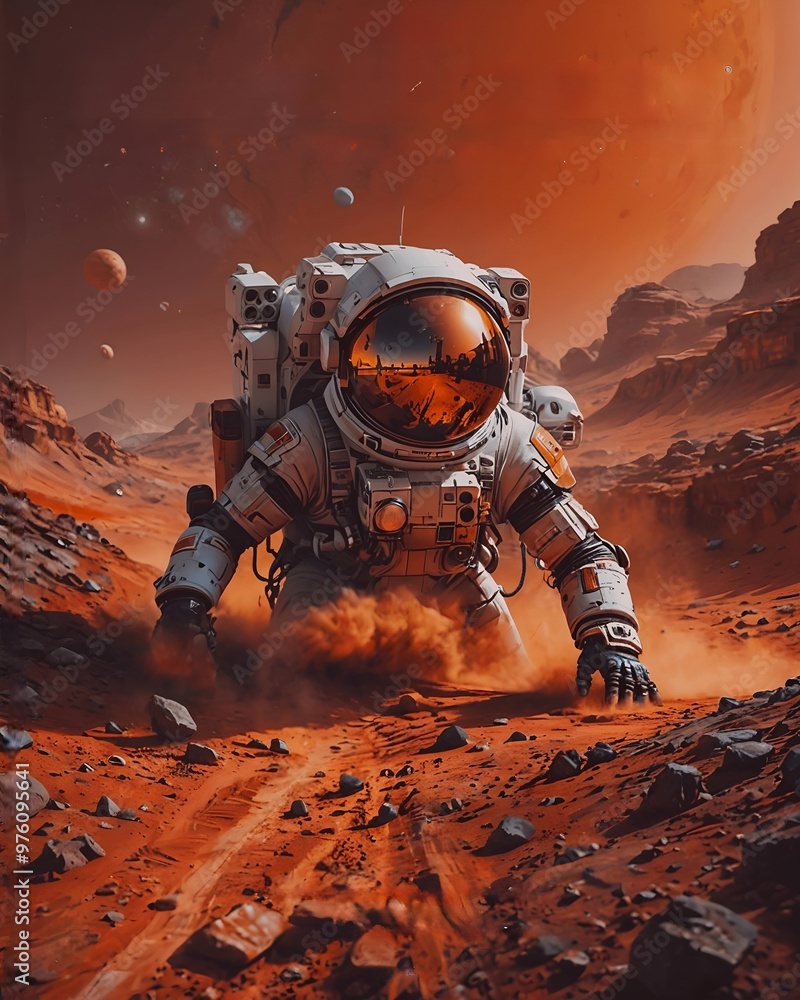 Poster astronaut in space against the background of the planet mars.