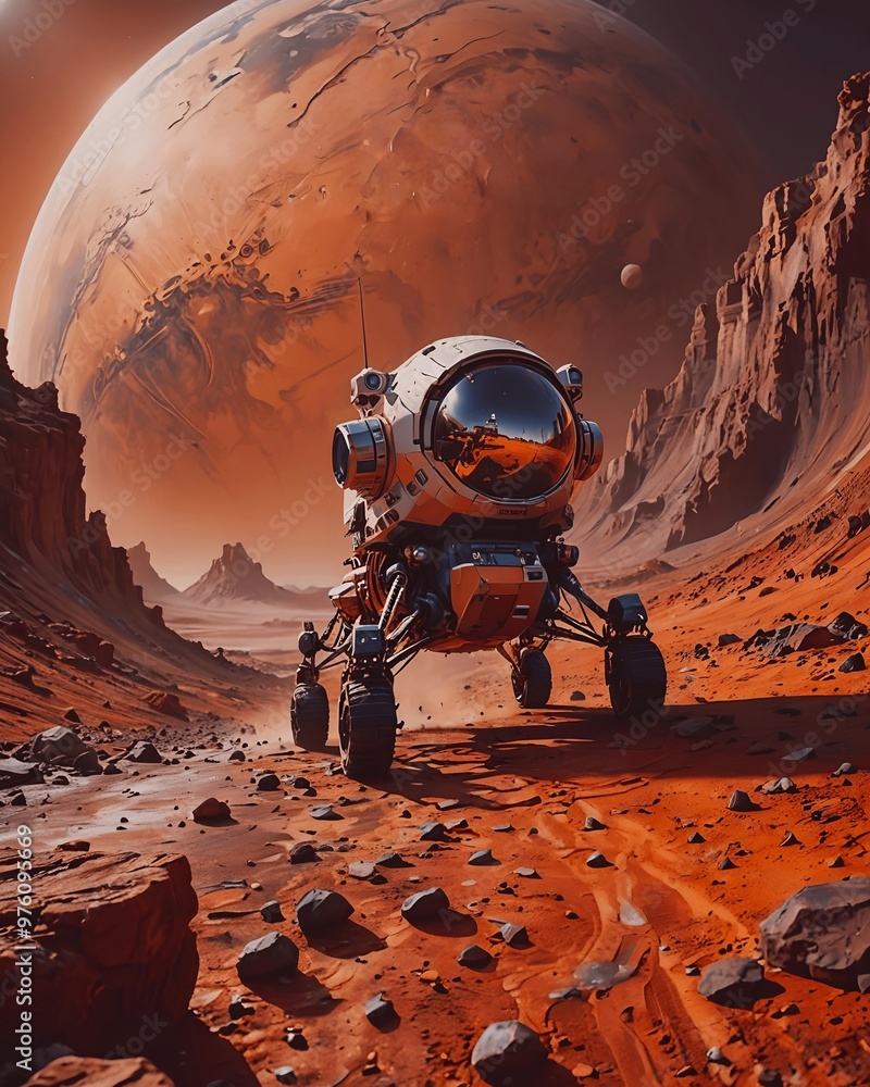 Poster a robot with a red background and the words space on the right.