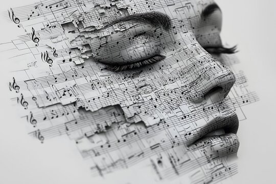 Black and white photo of a music sheet. Painting of a woman's face with artmargeu style, painted on the music sheet. Notes can still be seen through the painting