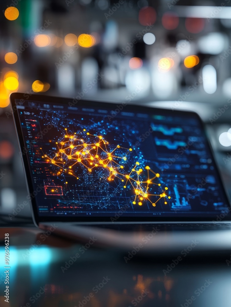 Poster digital visualization of a breakthrough medication development process, showcasing a complex network