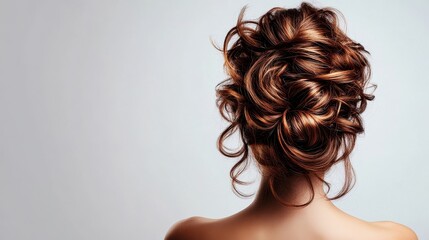 Fototapeta premium Elegant Updo Hairstyle for Women: Back View showcasing a beautiful and intricate hairstyle perfect for special occasions, weddings, or any elegant event. This hairstyle features a messy bun, curls, a