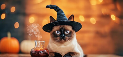 Siamese cat dressed as a witch with a bubbling potion beside her, witch cat, spooky feline