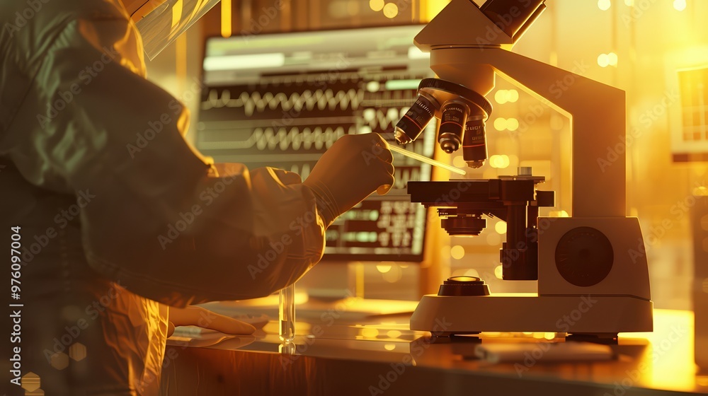 Poster a scientist examines a sample under a microscope in a modern laboratory, showcasing research and inn