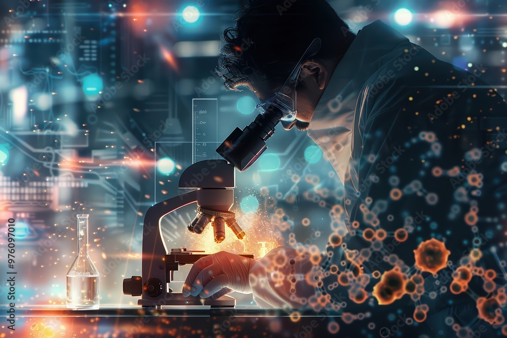 Poster a scientist examines a sample under a microscope in a modern laboratory, surrounded by digital data 