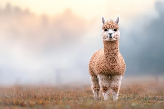 Alpaca in a witch costume standing in a foggy, mystical field, witch alpaca, Halloween farm animal in costume