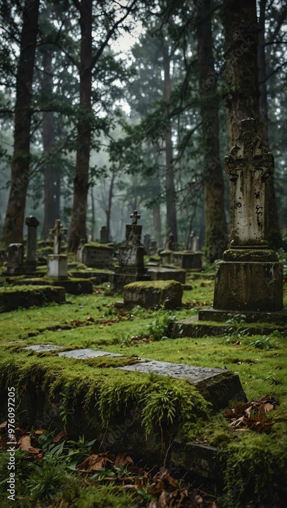 Wall mural Forgotten cemetery with ancient, moss-covered gravestones.