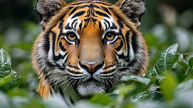 a tiger on green leaves footage