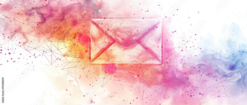 Poster an artistic envelope design with vibrant colors and abstract shapes, representing digital communicat
