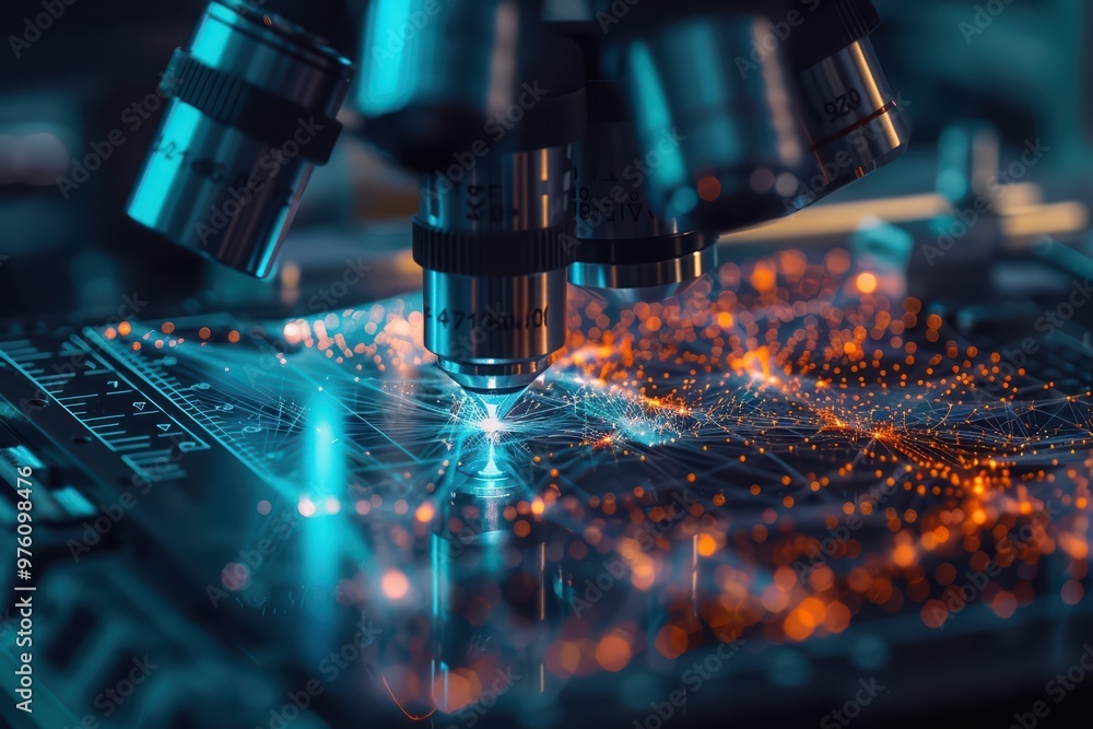 Poster close-up of a microscope examining a circuit board with illuminated details, showcasing technology a