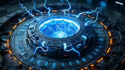 Obraz premium A futuristic energy core crackles with blue lightning, pulsing with raw power.