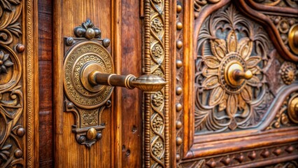 A close-up image of a wooden door with intricate carvings and a brass doorknob