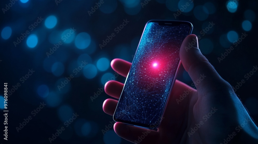 Poster hand holding a smartphone with a glowing red light on the screen, symbolizing secure login and facia