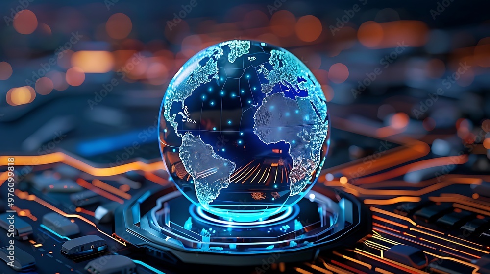 Poster a digital globe represents a global network, connecting technology and data across a futuristic worl