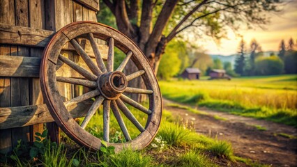 Obraz premium Rustic vintage wooden wagon wheel in a countryside setting